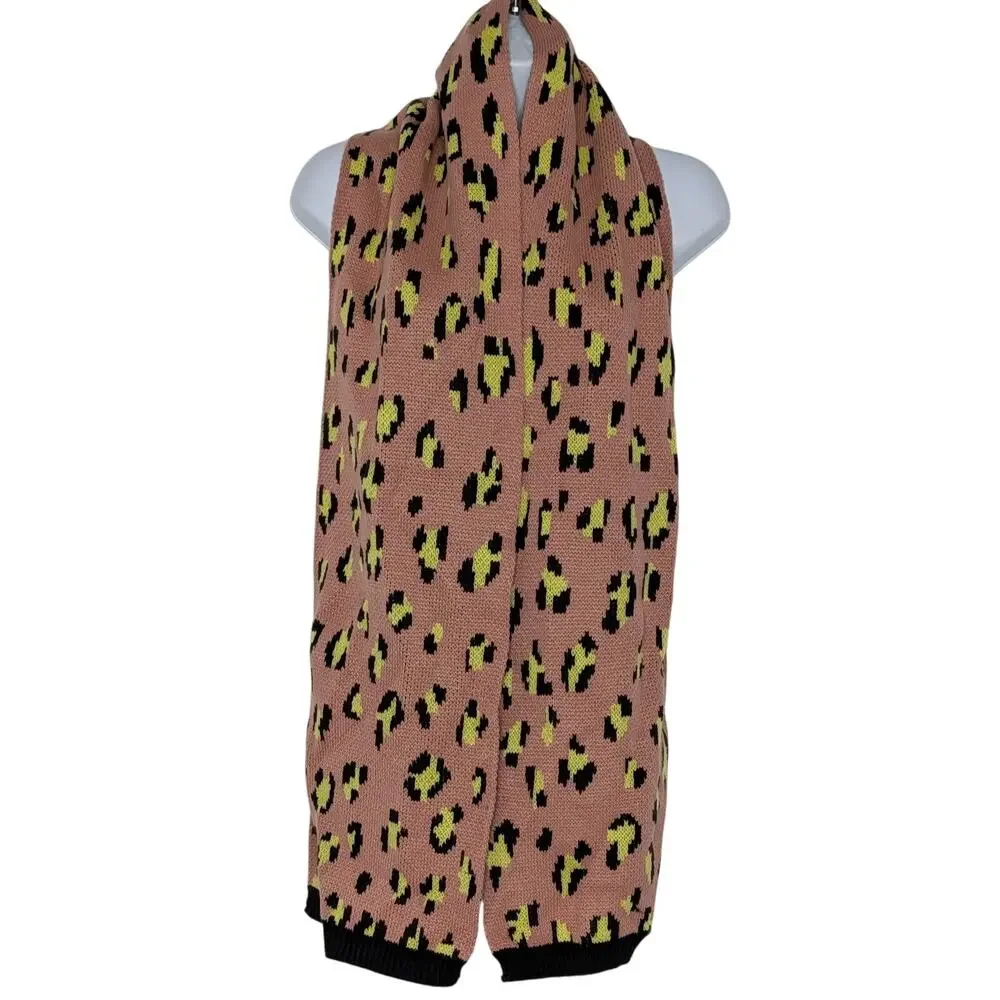 French Connection Leopard Print Knit Scarf In Pink Yellow Black NEW